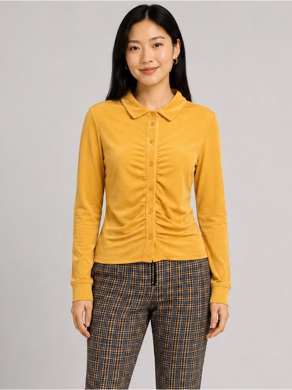 JOLIE & JOY Women's Mustard Yellow Ruched Button-Down Polo Shirt